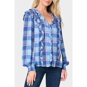 NEW GIBSONLOOK plaid ruffle detail long sleeve shirt in blue plaid